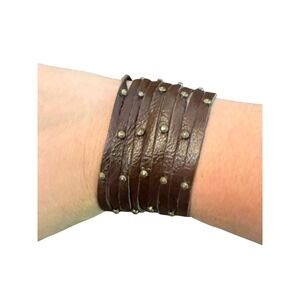 Unbranded Brown Leather Studded Multi Strand Cuff Bracelet Boho Snap Closure